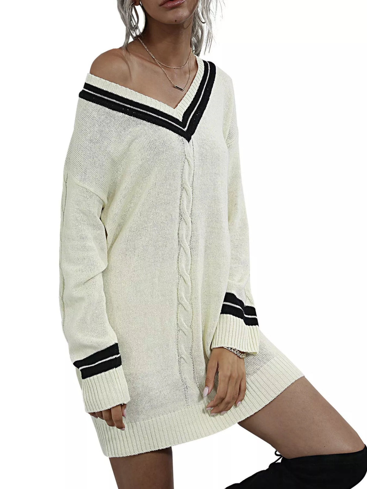 V-Neck Striped Trim Cable Knit Sweater Dress