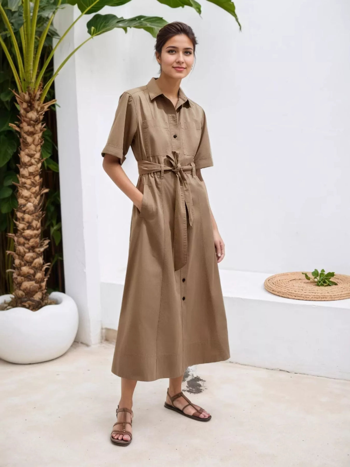 Button Front Short Sleeve Shirt Dress