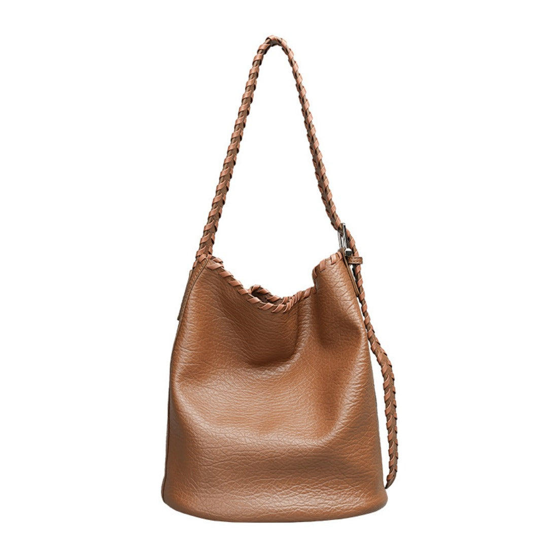 Elegant Woven Shoulder Strap Bucket Bag for Female - Versatile Texture Soft PU Retro Casual Tote