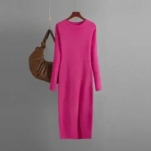 Autumn And Winter Long Sleeve Knitted Backless Round Neck Dress