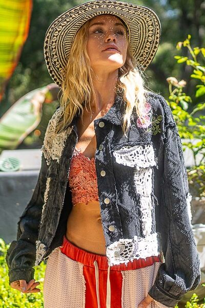 Fashionable Black Button-Up Jacket With Crochet Patches and Embroidery Unique Design Jacket