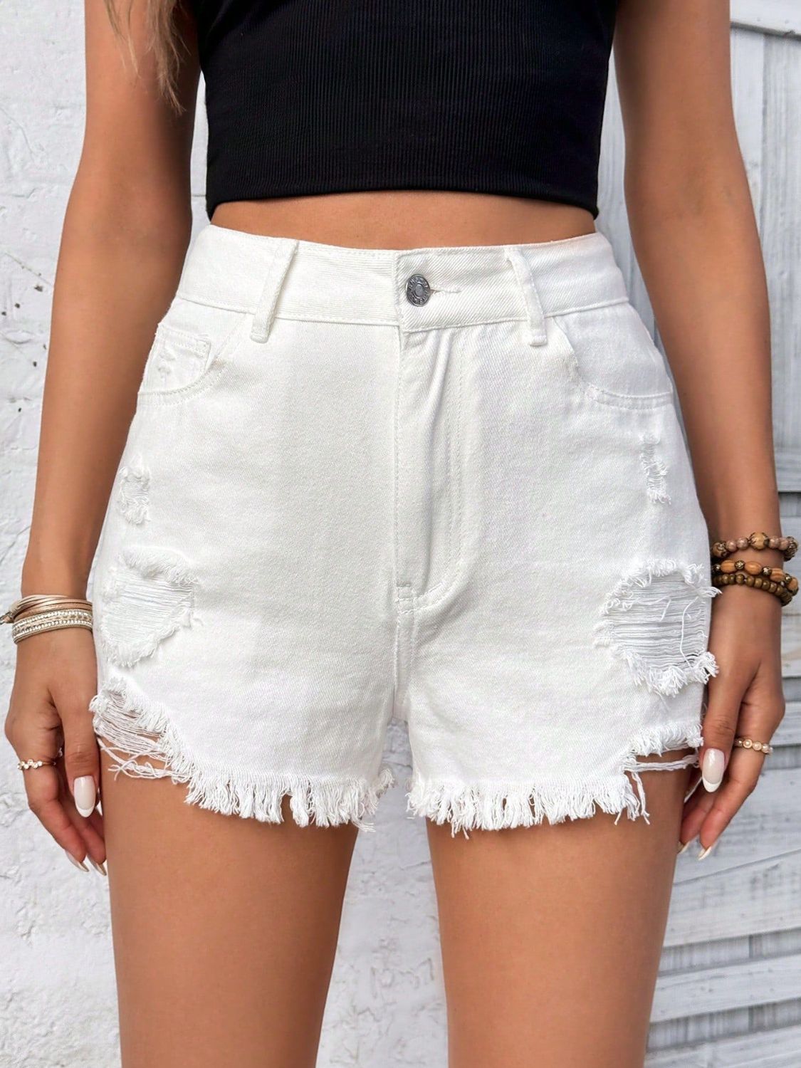 Distressed Raw Hem High Rise Denim Shorts