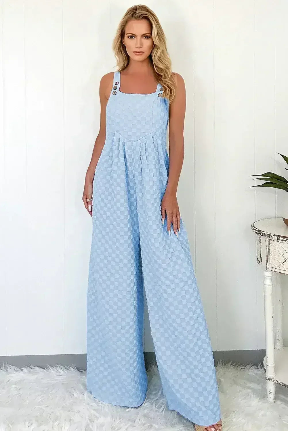 Beige Checkered Pocket High Waist Wide Leg Overall