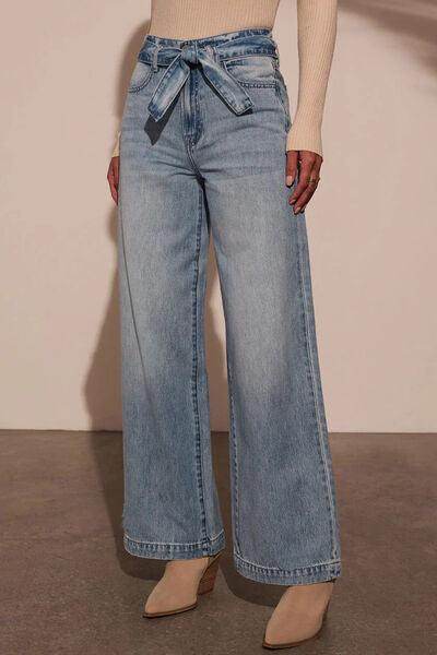 Tied Wide Leg Jeans with Pockets for Stylish Comfort
