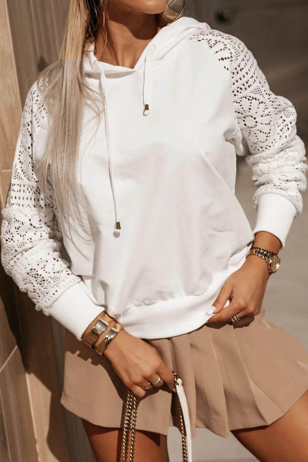 Drawstring Openwork Long Sleeve Hoodie for Women Fashion
