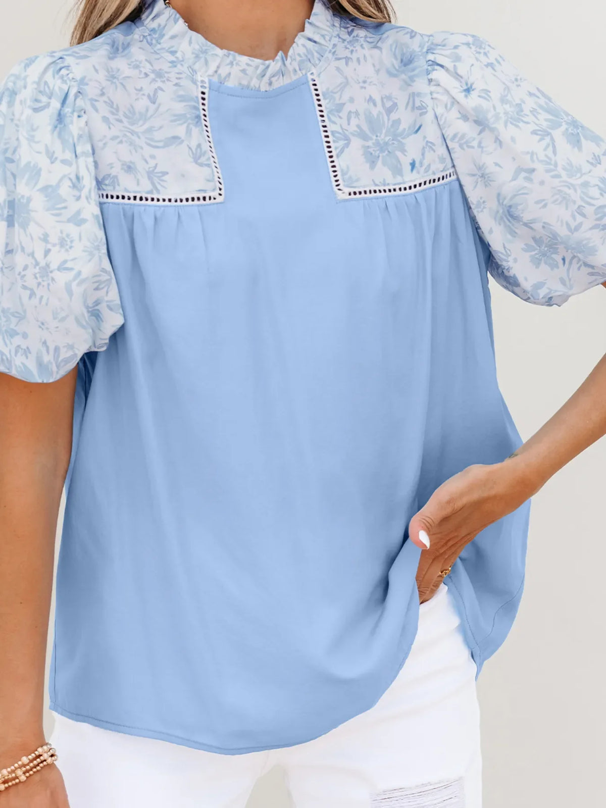 Lace Insert Floral Puff Sleeve Patchwork Loose Blouse