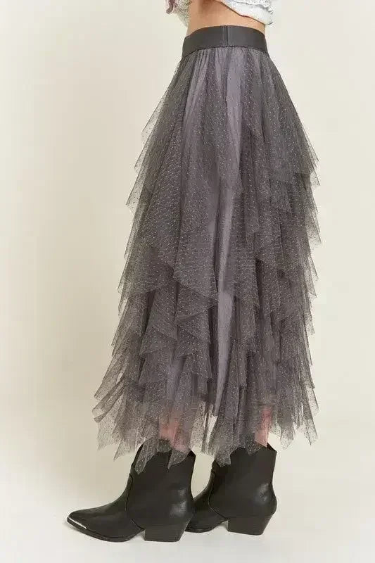 PLUS LAYER POLKA DOT MESH LINED A-LINE MIDI SKIRT