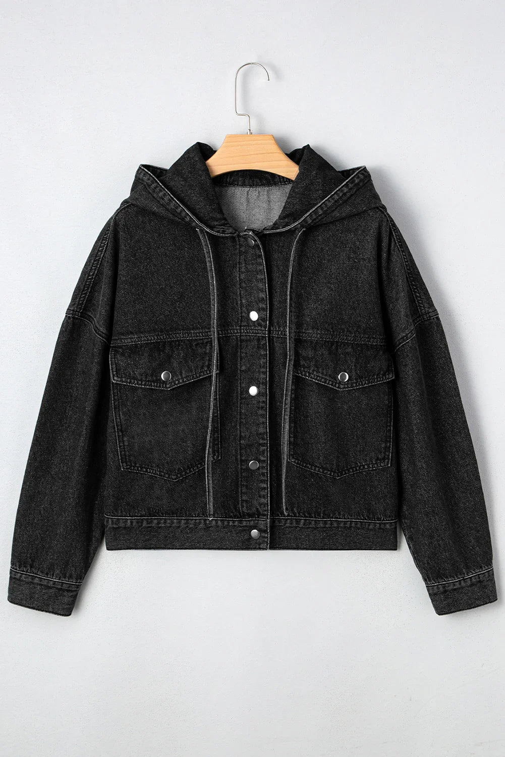 Black Chest Pocket Drop Shoulder Hooded Denim Jacket