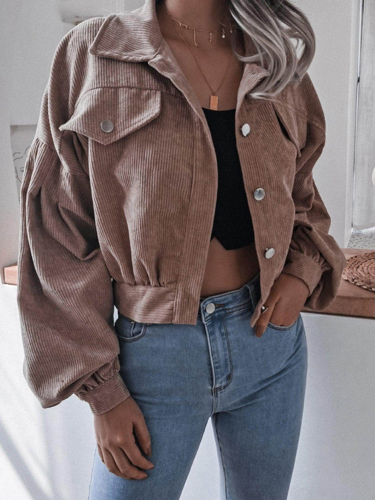 Lantern Sleeve Cropped Corduroy Jacket for Stylish Comfort