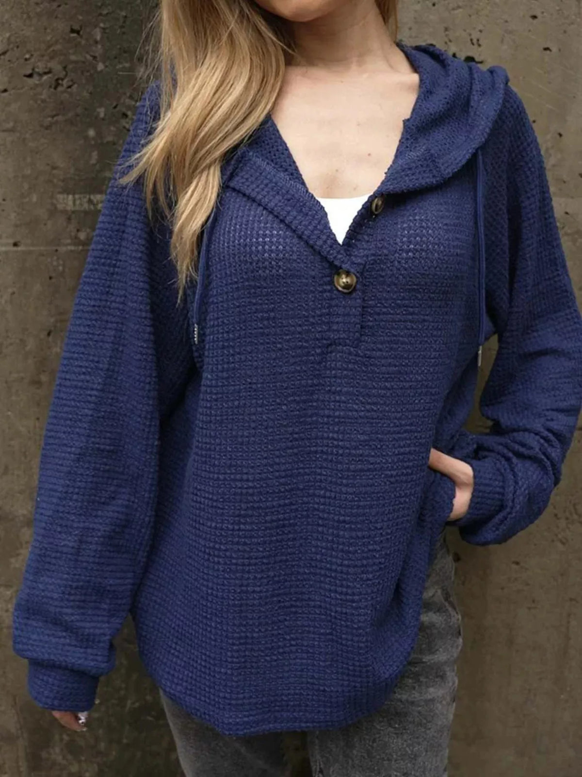 Waffle Knit Hoodie with Button Detail