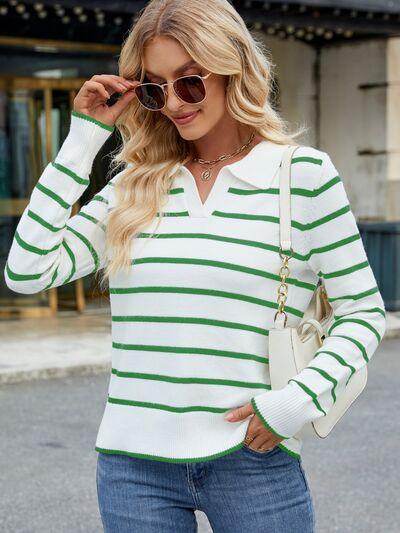 Striped Johnny Collar Long Sleeve Sweater for Women