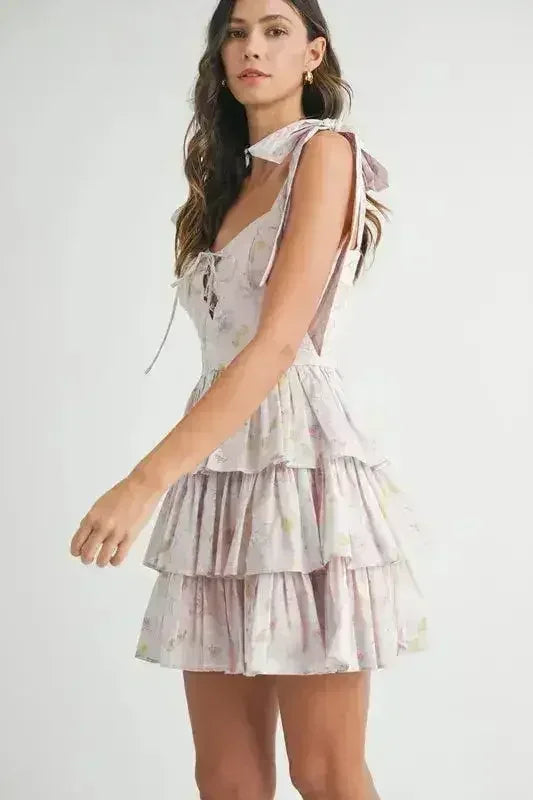 MABLE Floral Print Shoulder Tie Layered Mini Dress