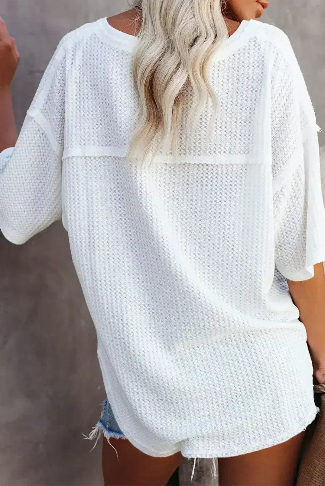 Blue Exposed Seam Drop Sleeve V Neck Waffle Textured Top