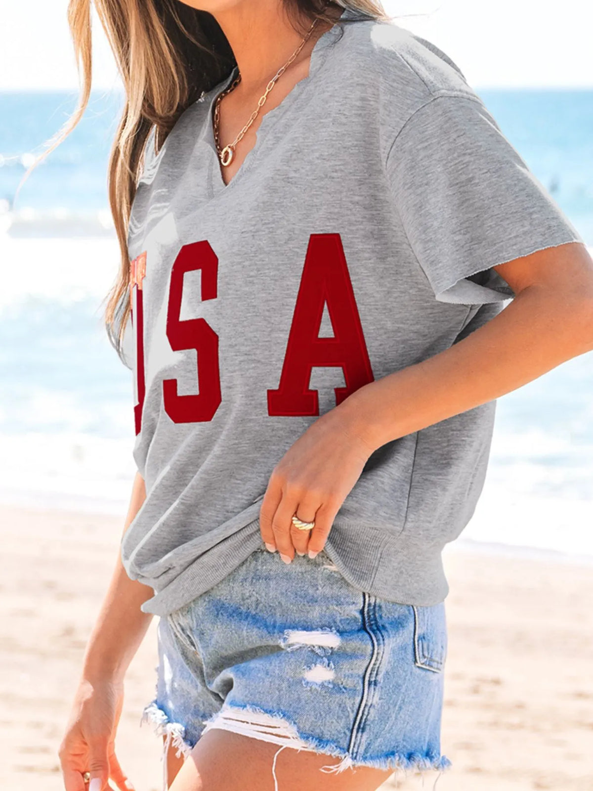 USA Lettering Patch Notched Neck T-Shirt