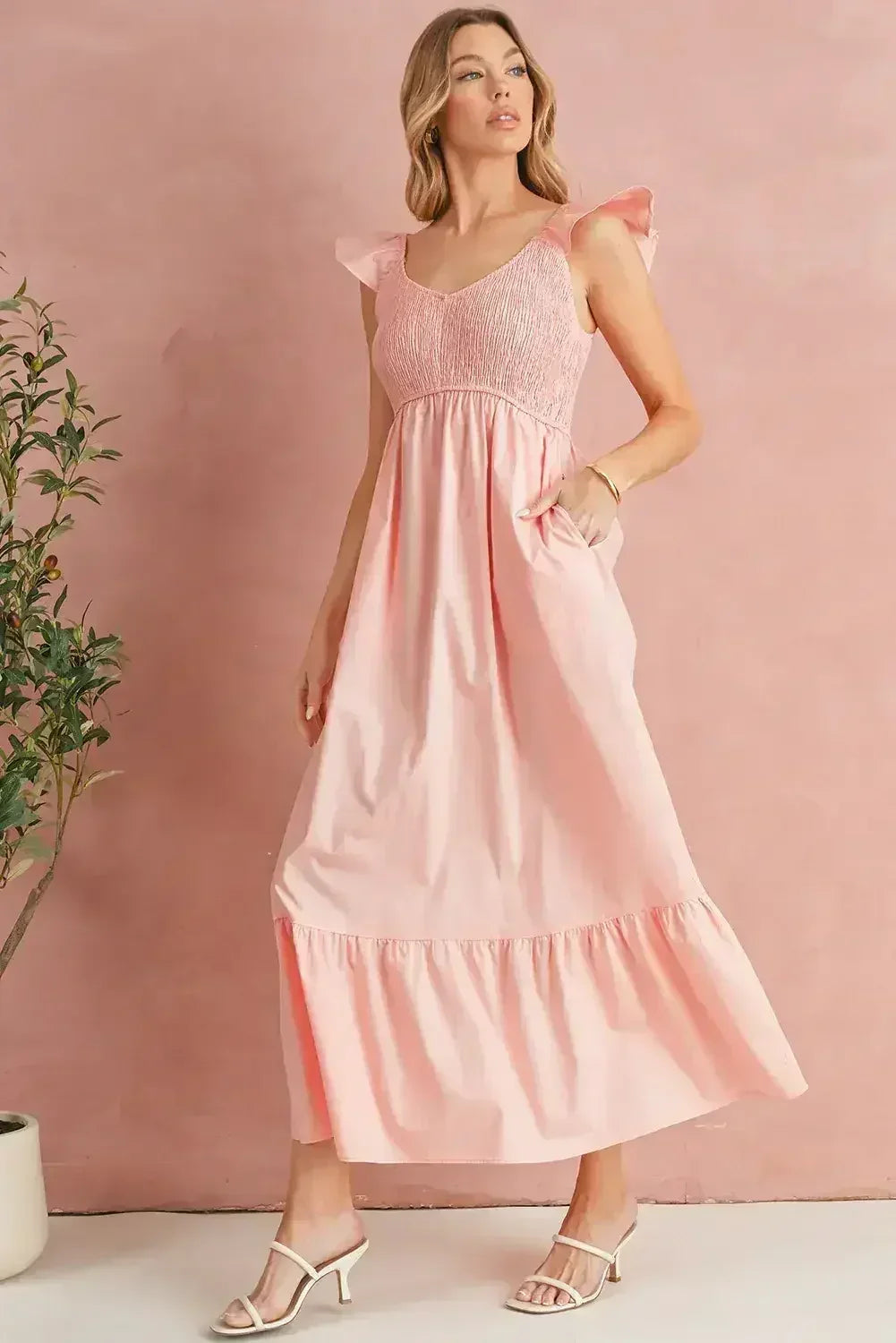 Black V Neck Flutter Sleeve Smocked Bodice High Waist Ruffle Maxi Dress