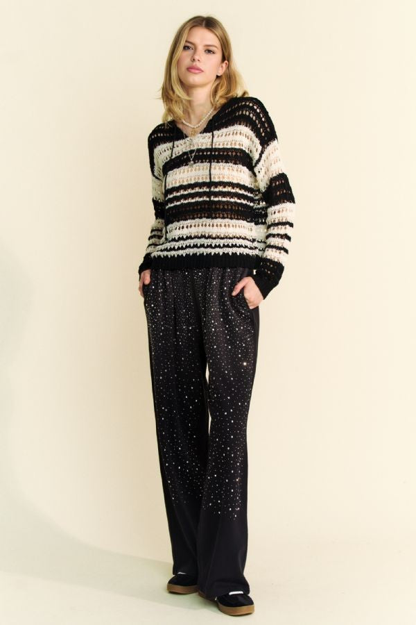 Back To School Sweater - Davi & Dani Contrast Striped Crochet Drop Shoulder Knit Cover Up