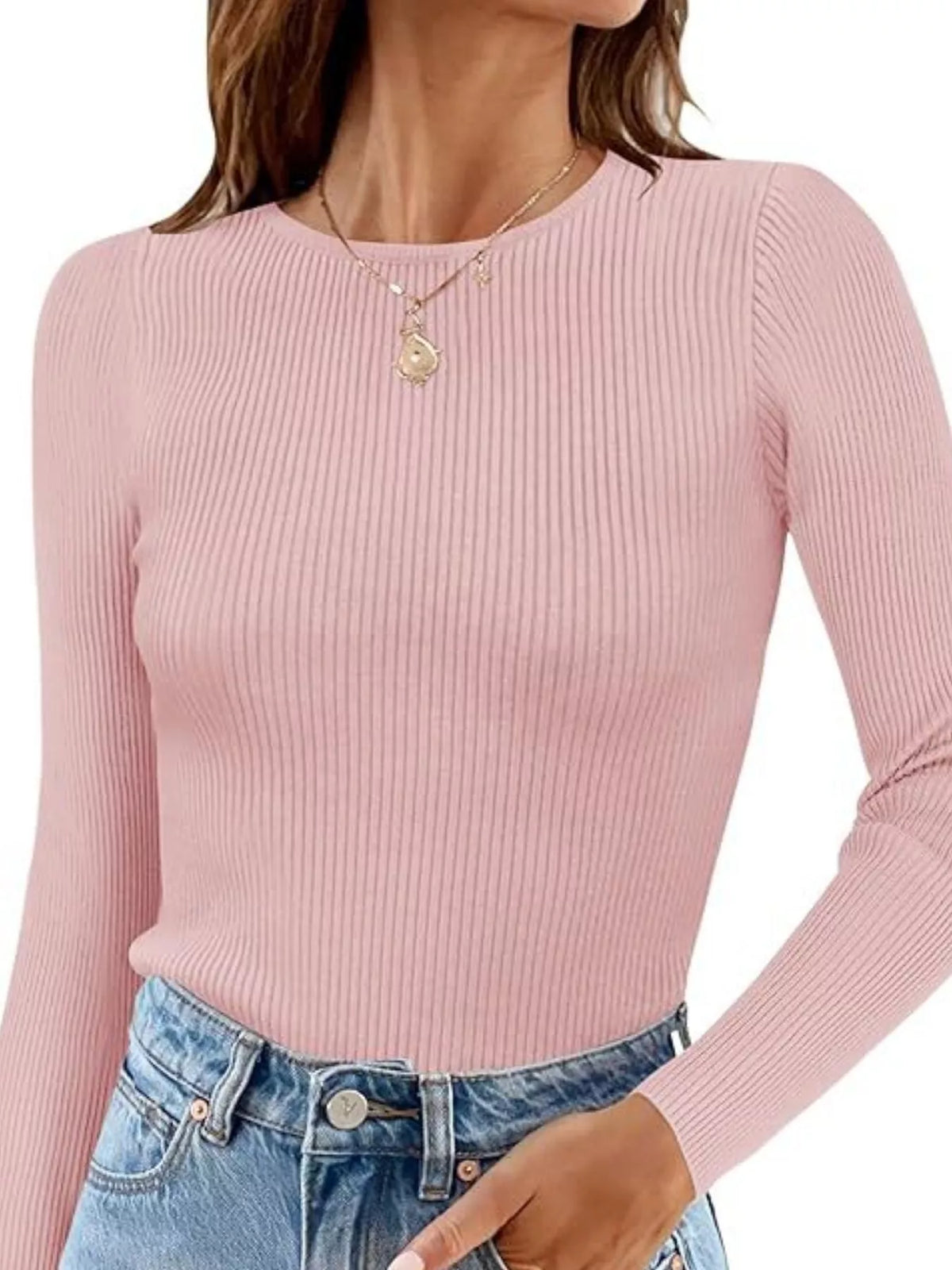 Ribbed Knit Slim Fit Long Sleeve T-Shirt