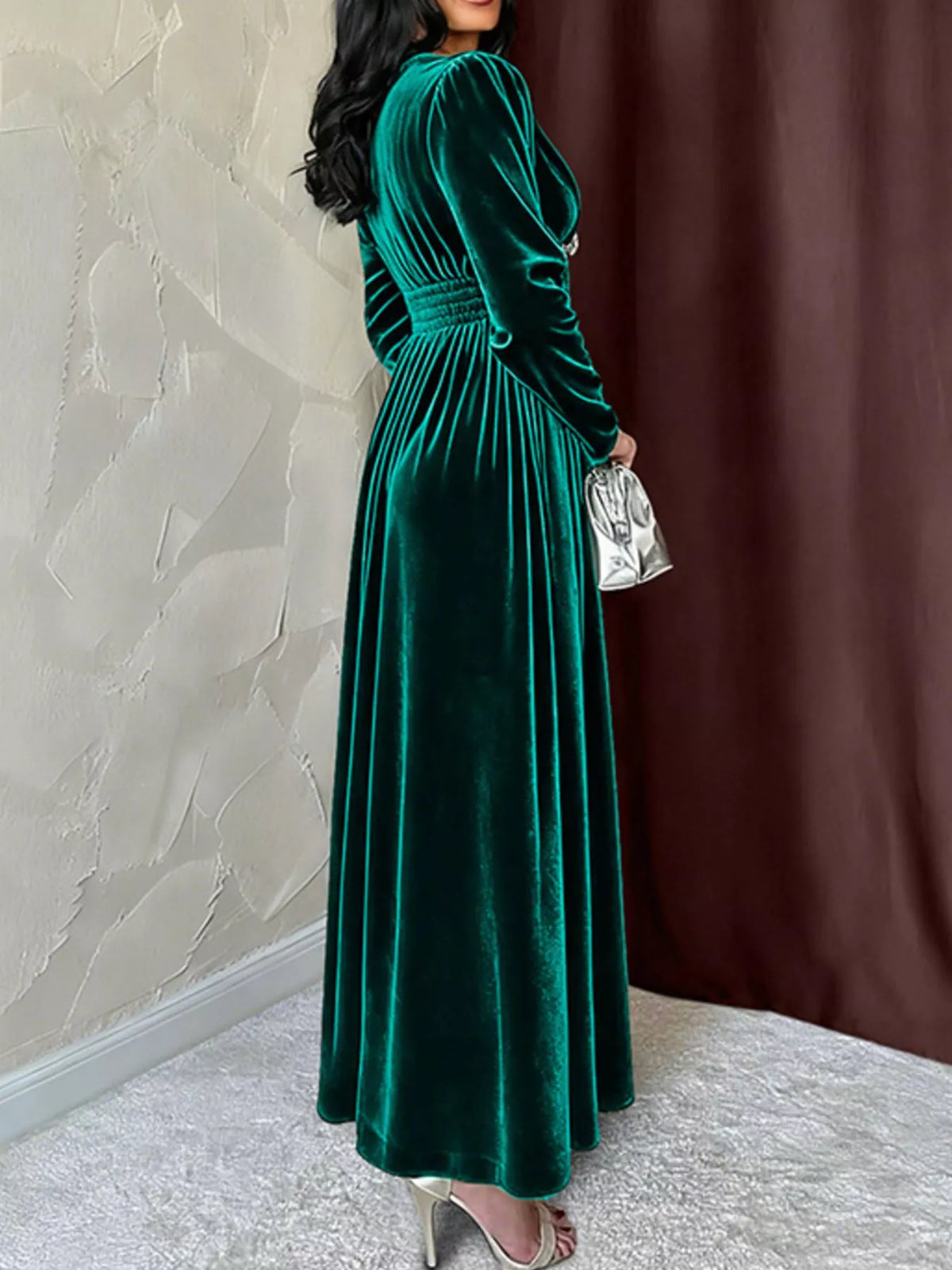 Velvet V-Neck Long Sleeve Maxi Dress