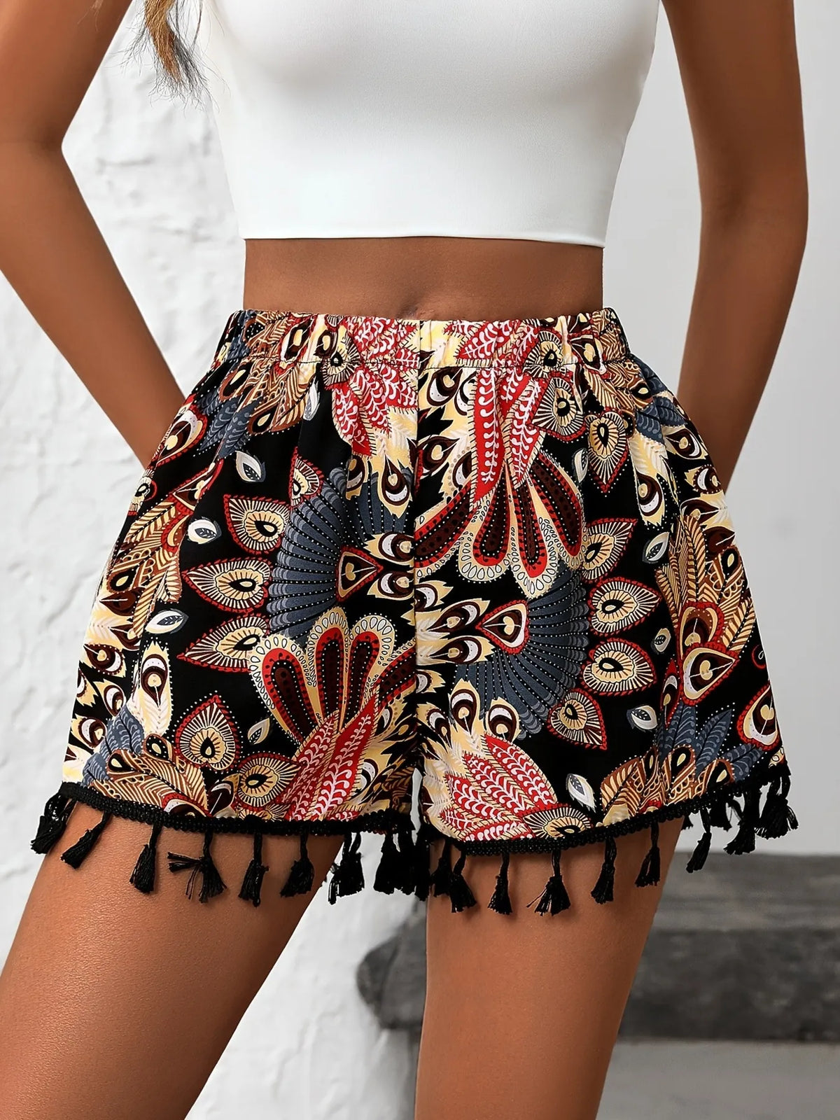 Paisley Print Tassel Hem Shorts