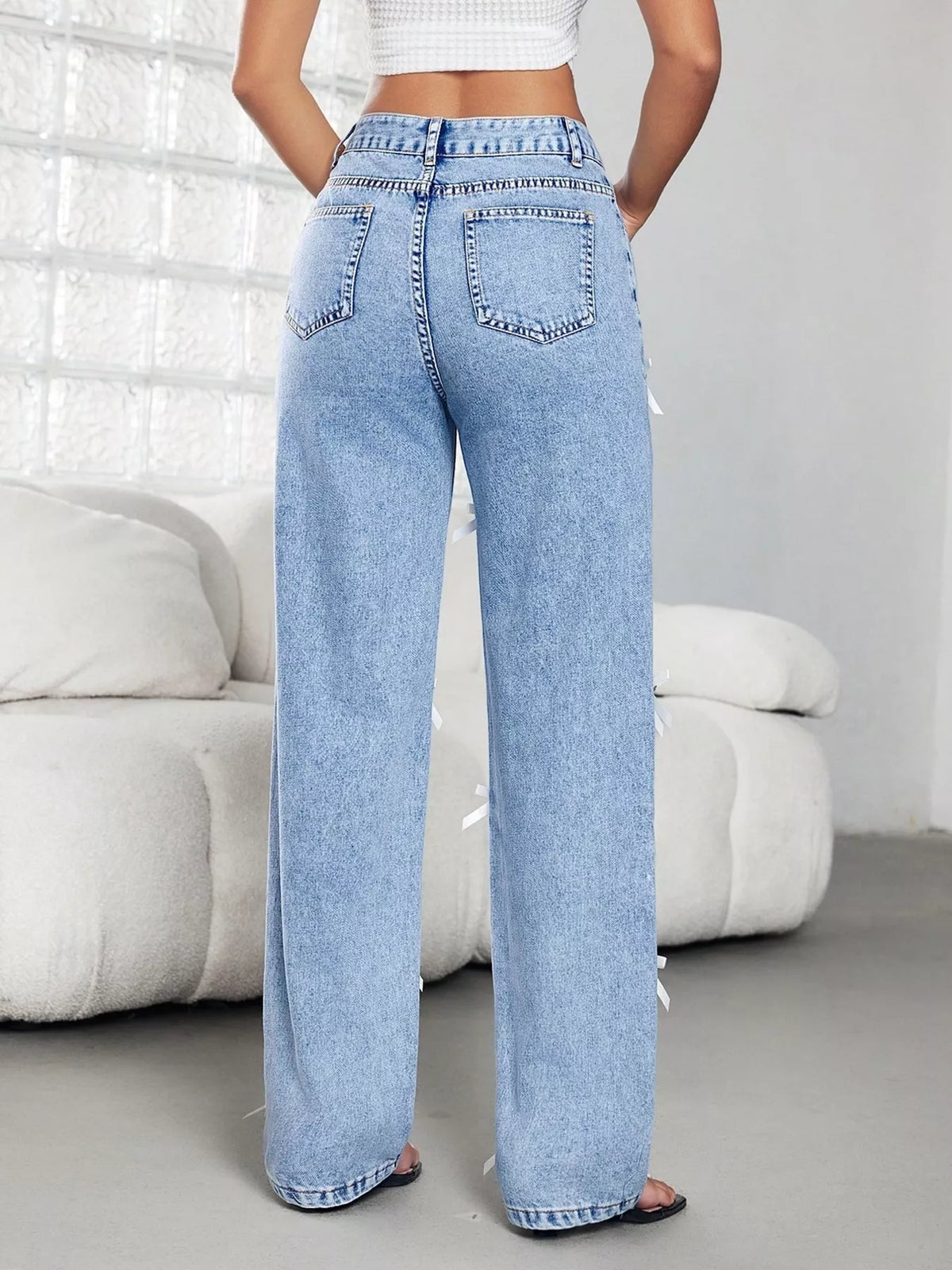 Bow Decor High Waist Wide Leg Jeans