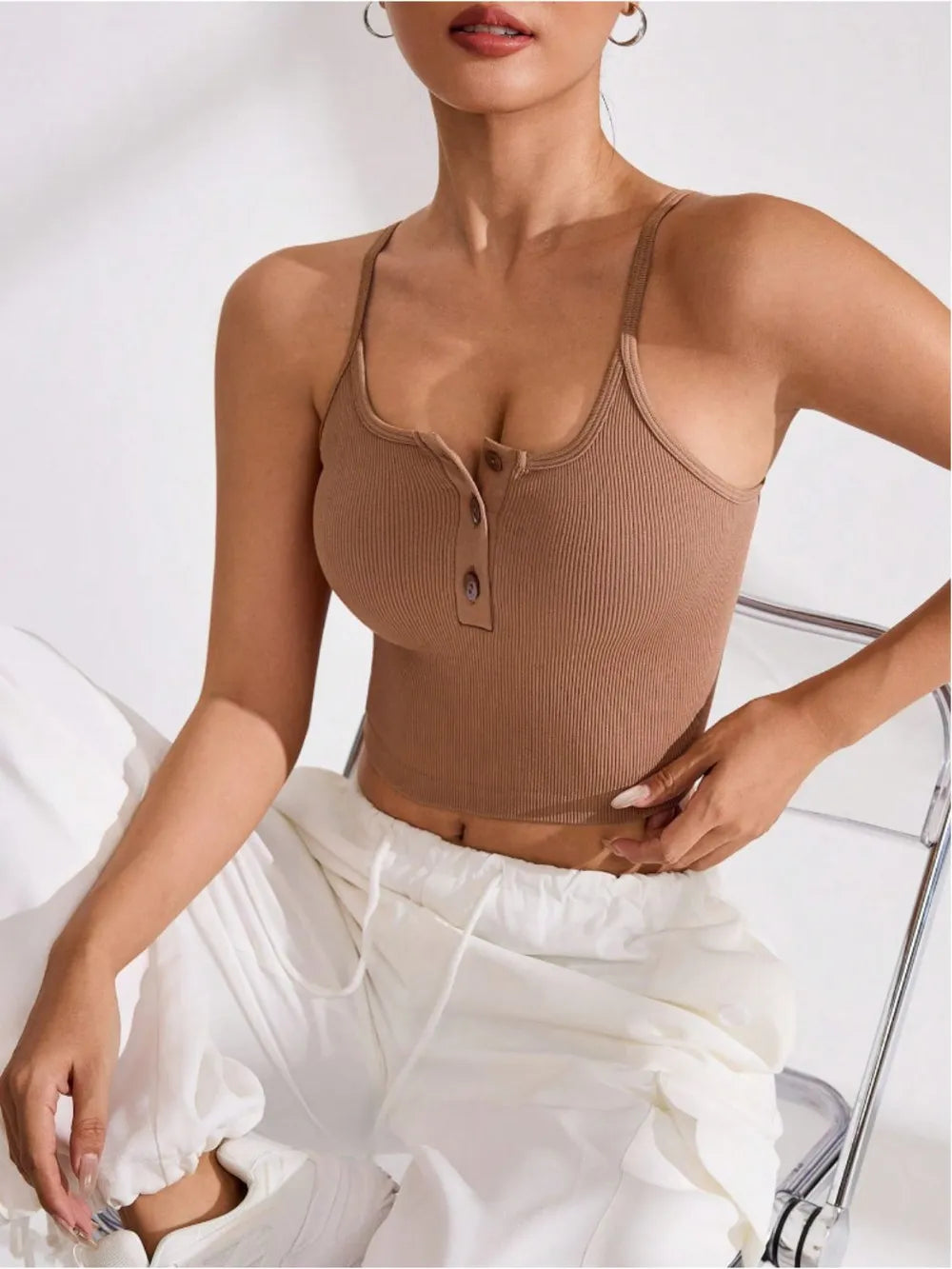 Ribbed Half Button Cropped Active Cami