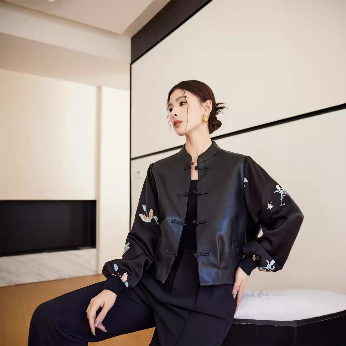 New Chinese Style Stitching Leather Coat Women&