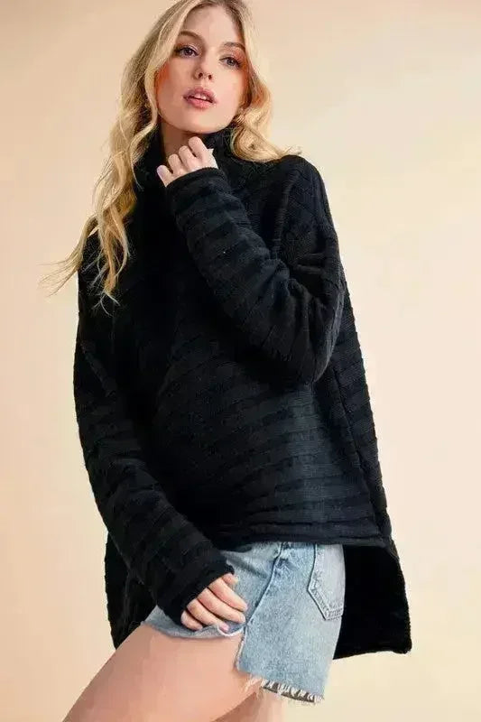 Asymmetrical Turtleneck Sweater - Side Slit Cotton Pullover | Femstylo