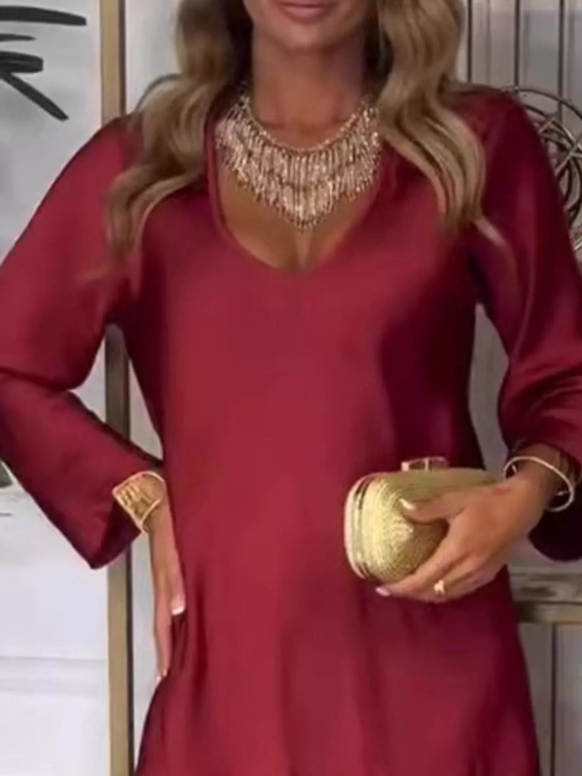 Full Size V-Neck Long Sleeve Midi Dress Plus Size