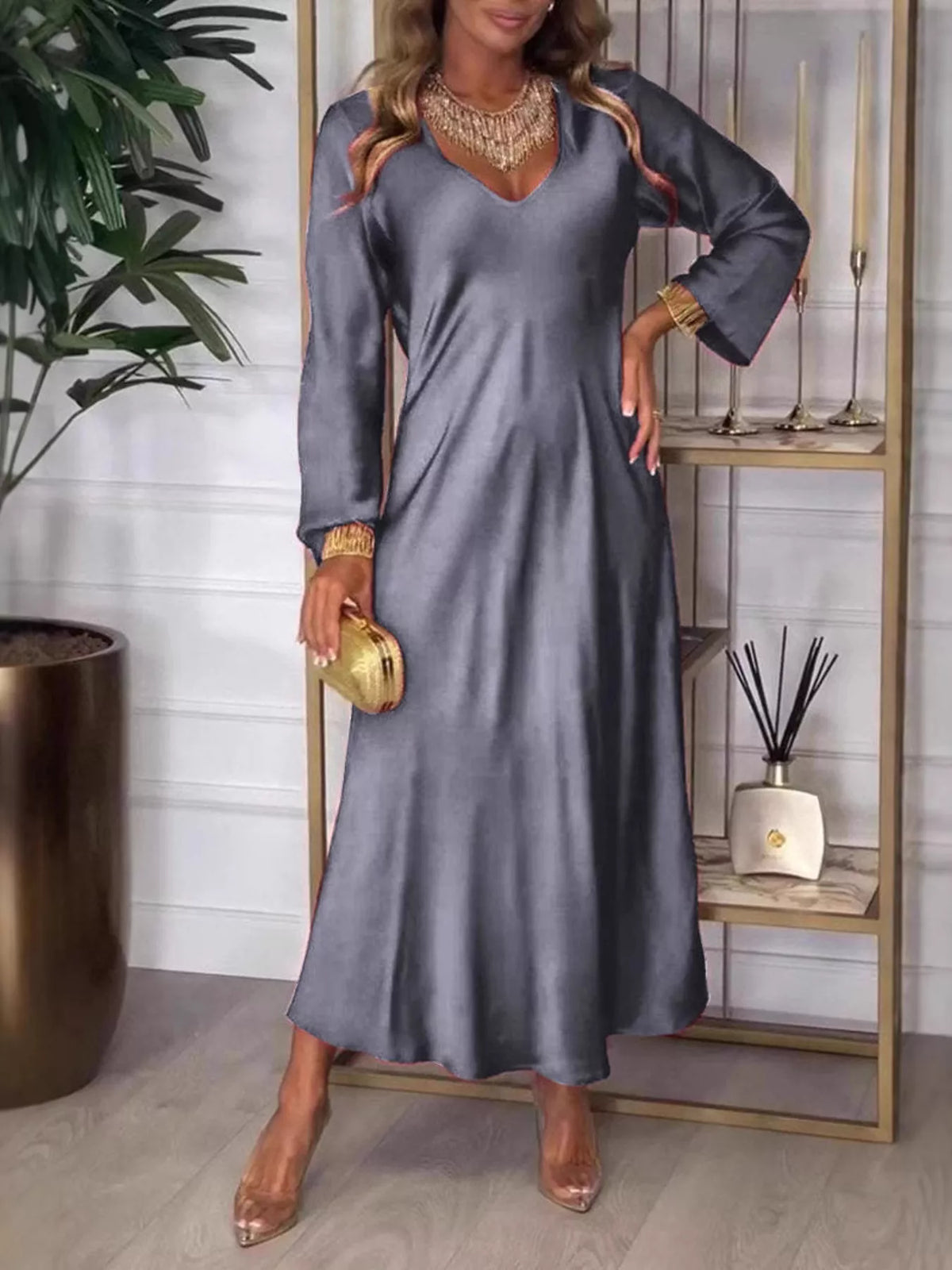 Full Size V-Neck Long Sleeve Midi Dress Plus Size