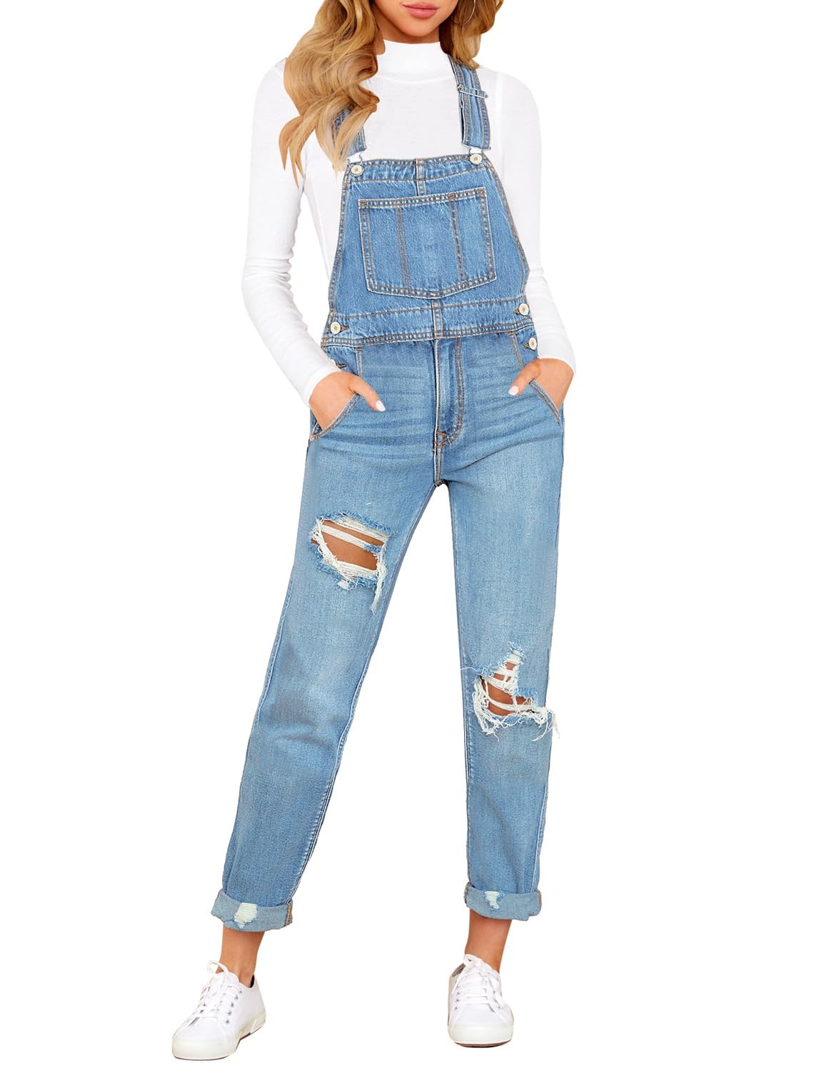 Denim Bib Overalls - Adjustable Loose Fit Jeans Jumpsuit for Women