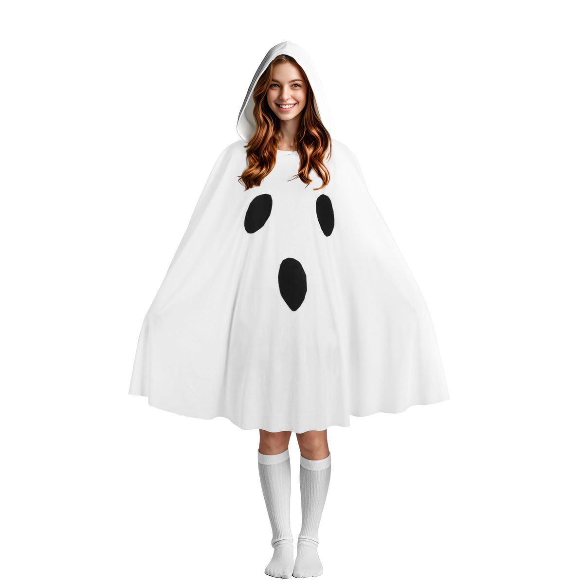 Ghost Poncho Costume for Women - Halloween Hooded Cape Outfit