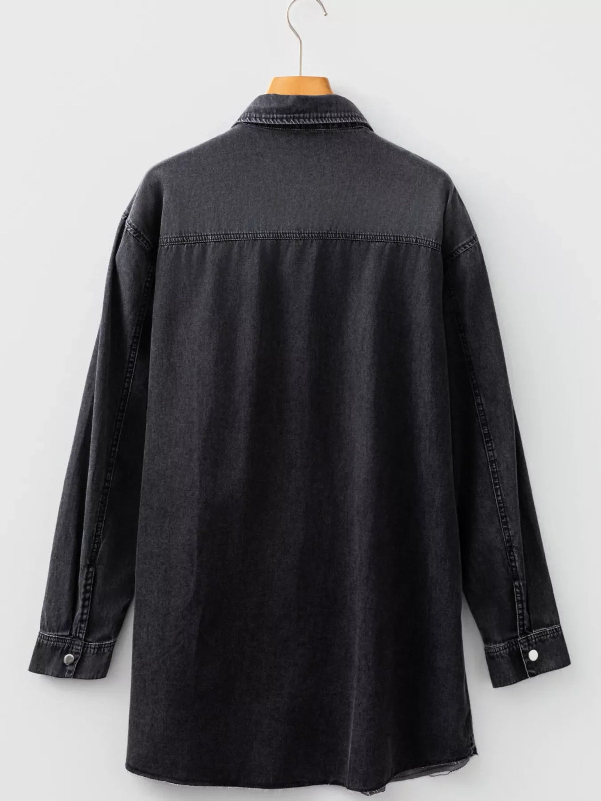 Chest Pocket Raw Hem Denim Loose Shirt Dress