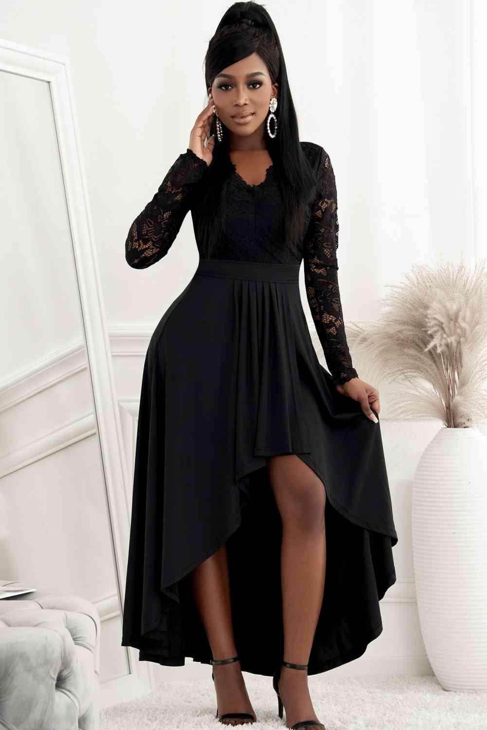Lace High-Low V-Neck Dress for Elegant Evening Wear