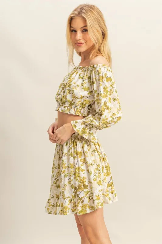 HYFVE Floral Off-Shoulder Flounce Sleeve Top and Skirt Set
