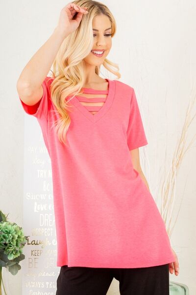 Heimish Full Size V-Neck Short Sleeve T-Shirt with Bar Detail Plus Size