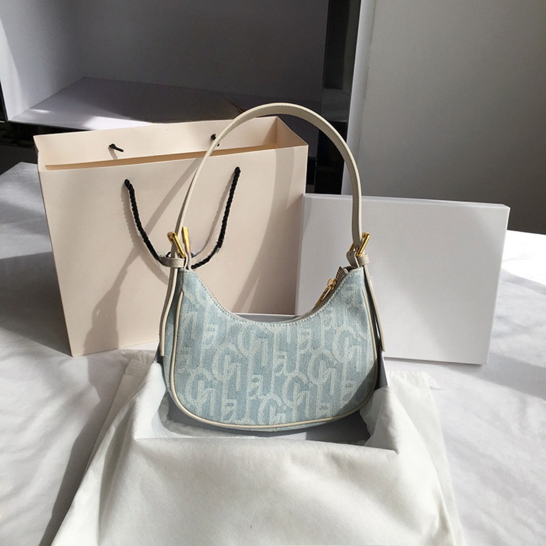 PU retro denim baguette armpit bag female, spring and summer shoulder bag, small hobo bag