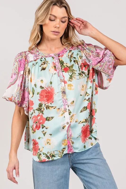 SAGE+FIG Plus Size Floral Mineral Wash French Terry Button Up Shirt