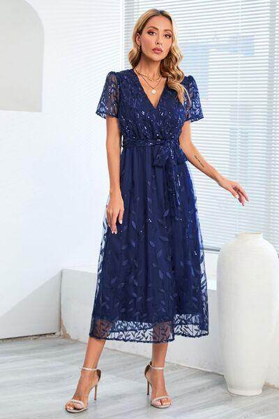 Sequin Leaf Embroidery Tie Front Short Sleeve Dress for Women