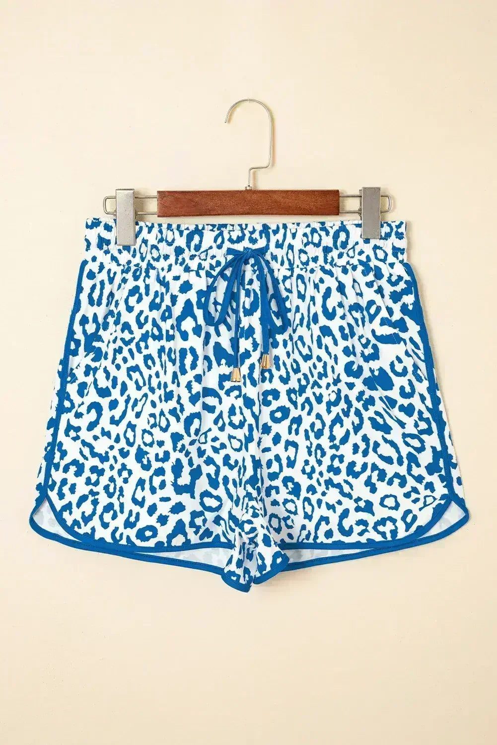 Blue Leopard Elastic Waist Lace up Contrast Trim Casual Shorts