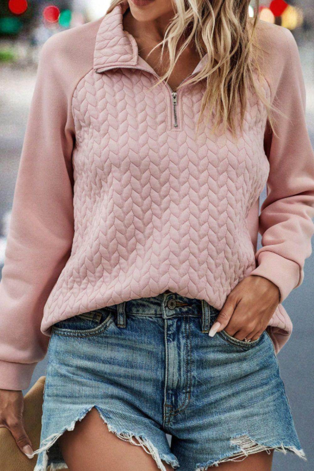 Textured Quarter Zip Long Sleeve Sweatshirt for Women