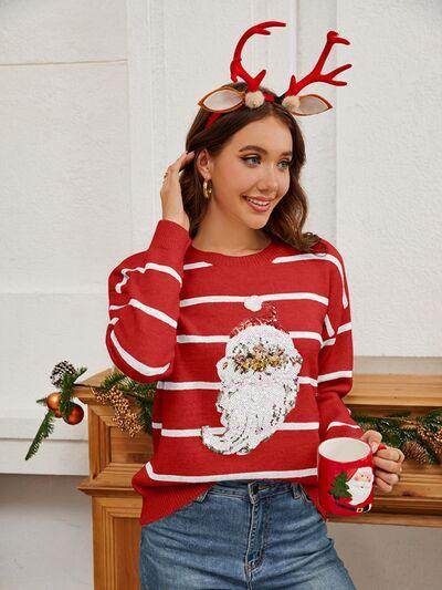 Sequin Santa Striped Round Neck Long Sleeve Sweater for Women