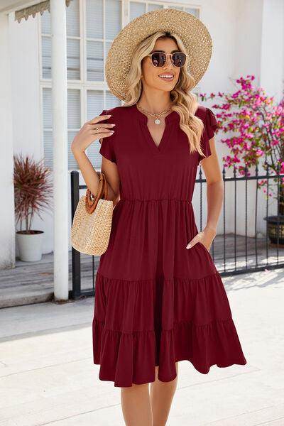Ruched Notched Cap Sleeve Dress with Pockets and Stretch