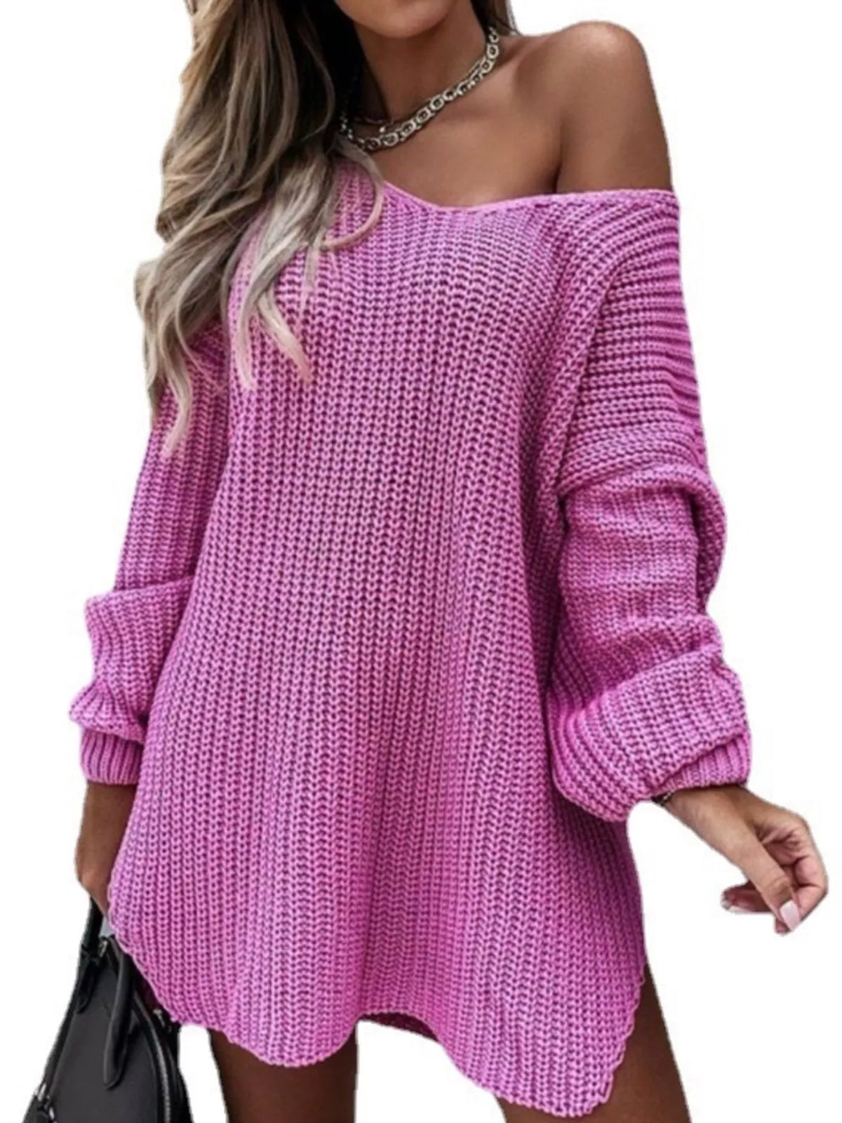 Slit Long Sleeve Sweater Dress