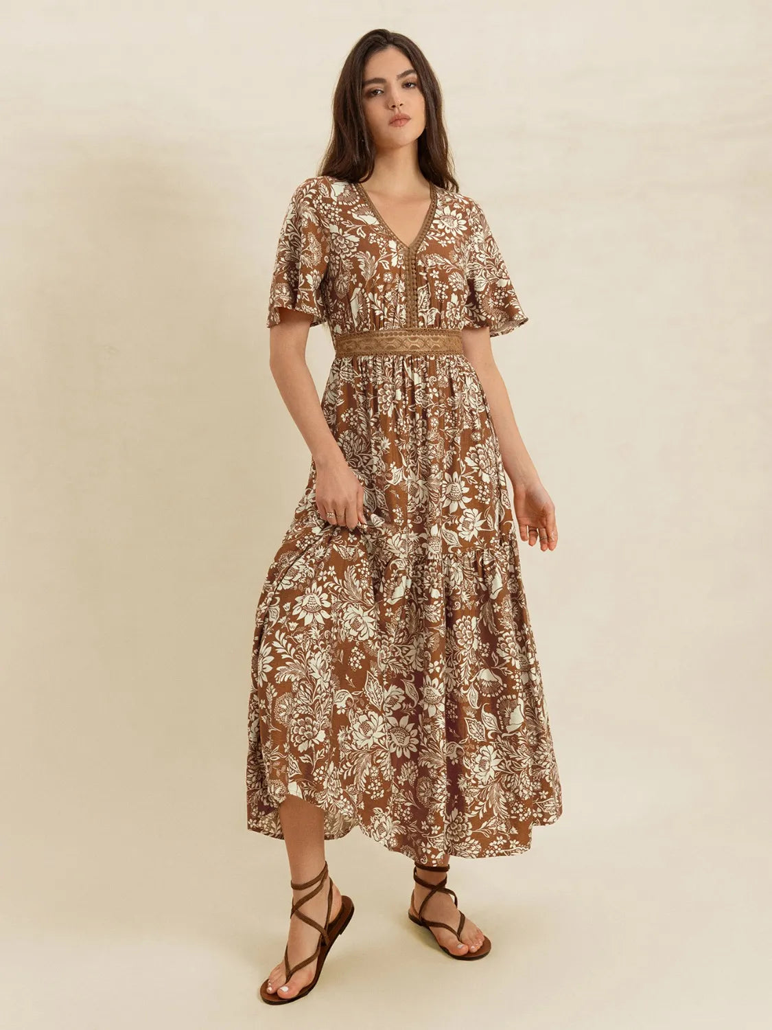 Lace Detail Printed Short Sleeve Midi Dress
