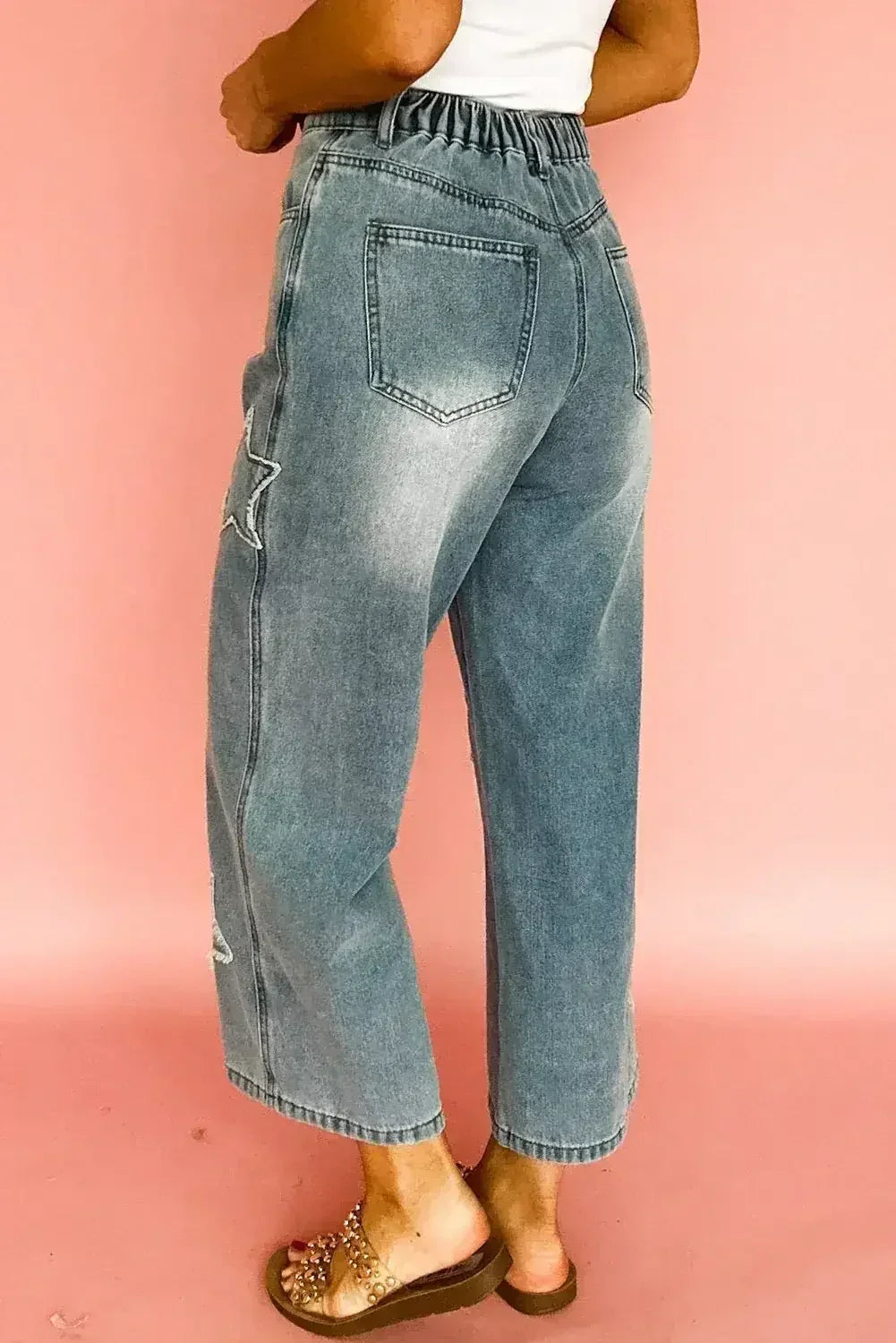 Stone Blue Star Patchwork Light Wash Wide Leg High Waist Jeans