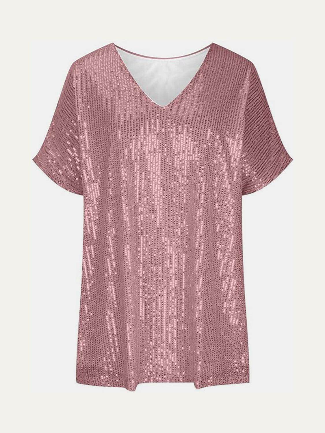 Full Size Sequin V-Neck Short Sleeve Top for Women