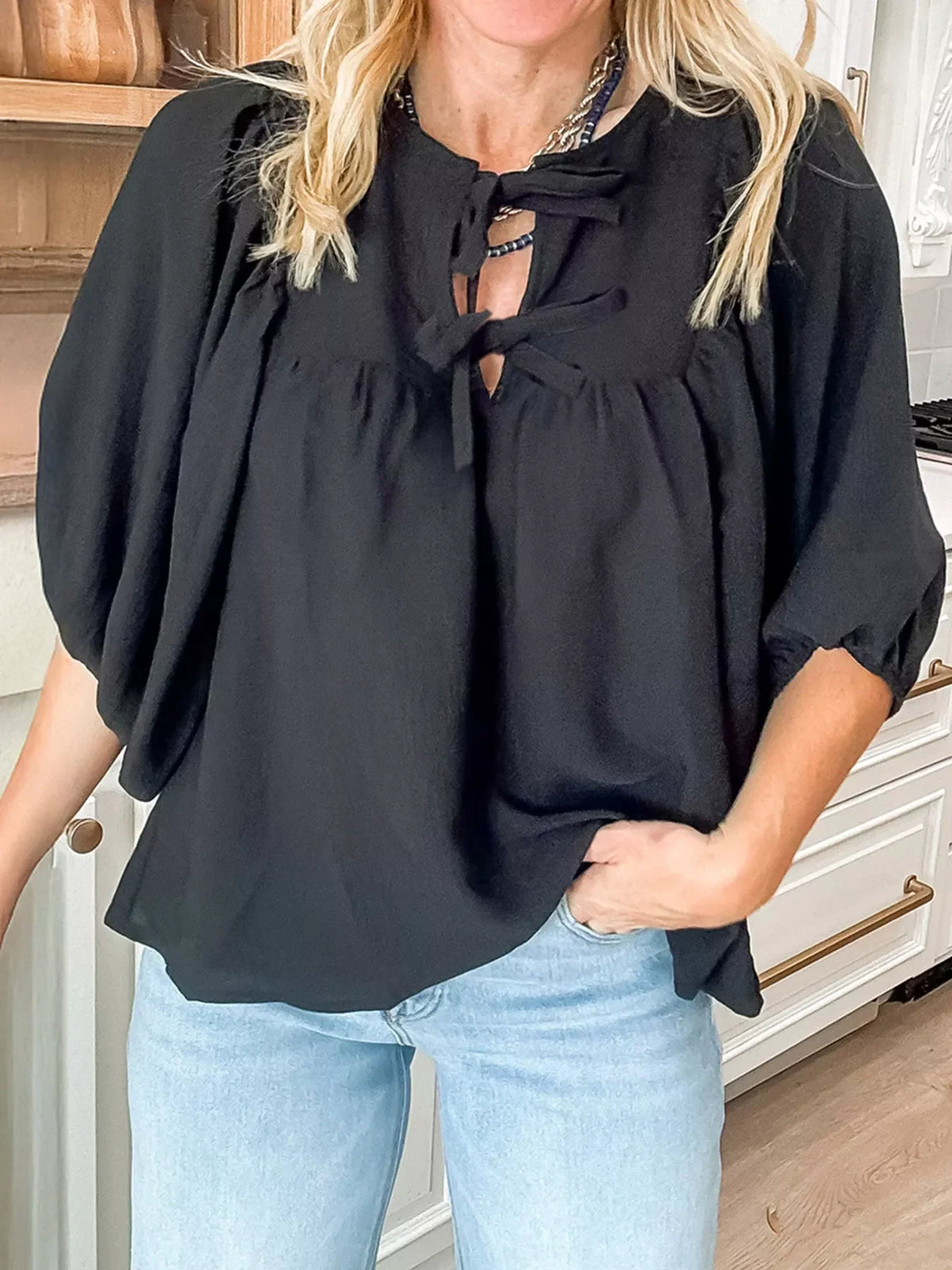 Bow Tie Neck 3/4 Sleeve Casual Blouse