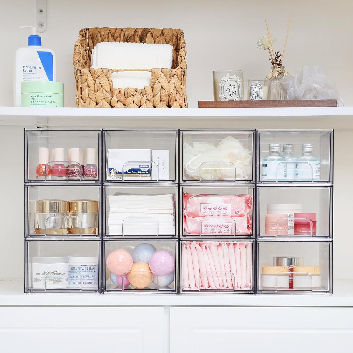 1 2 4 Pack Clear Stackable Storage Drawers, 11.2cm, 4.4in Tall Acrylic Bathroom Makeup Organizer,Plastic Storage Bins For Vanity, Undersink, Kitchen Cabinets, Pantry, Home Organization