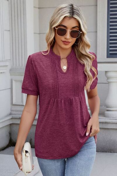 Notched Short Sleeve Solid Color Top