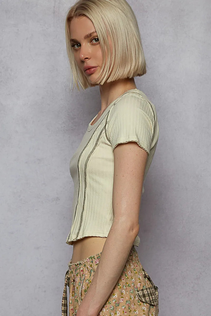 POL Contrast Stitching Round Neck Crop T-Shirt